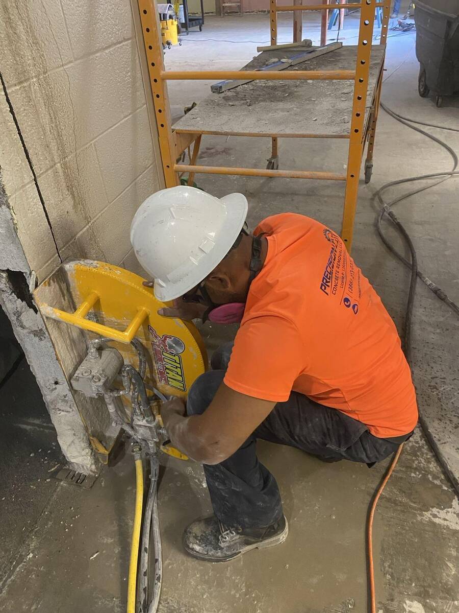 Concrete wall cutting in progress
